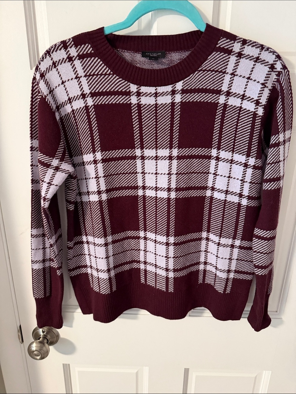 Ann Taylor Factory Plaid Cotton Blend Crewneck Sweater Burgundy/White Preppy XS